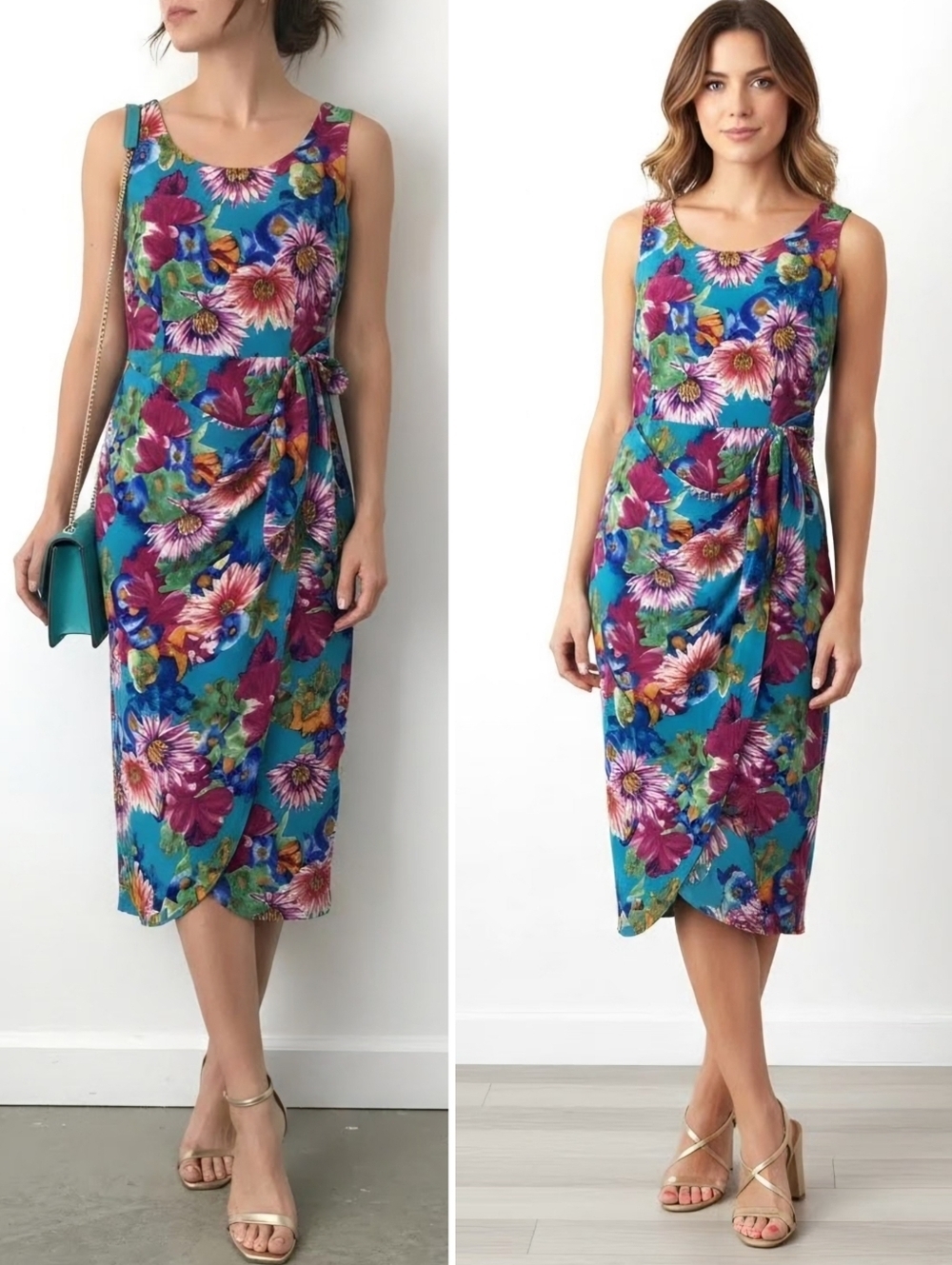 Vintage Spenser Jeremy Silk Bright Floral Faux Wrap Midi Dress